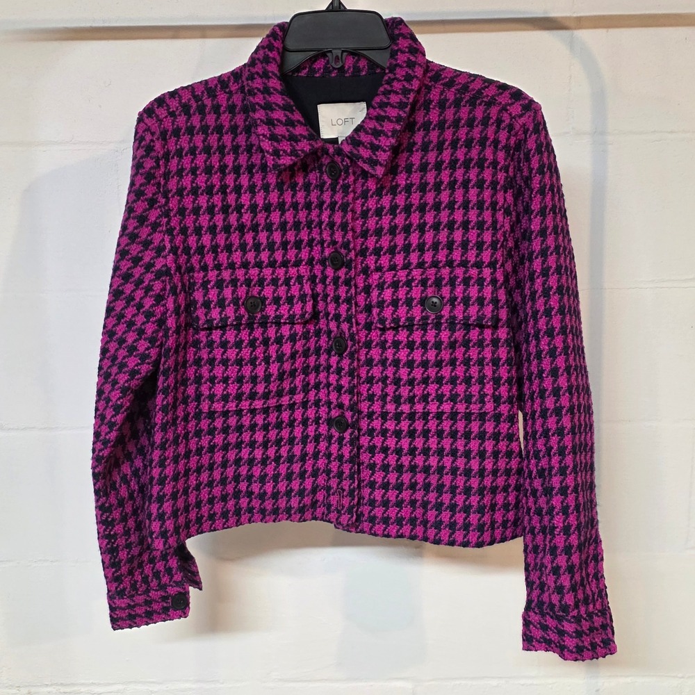 LOFT Houndstooth Textured Cropped Shirt Jacket Twilight Multi Magenta and Black
